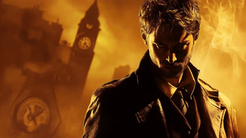 Brooding man in coat against smoky clocktower cityscape.