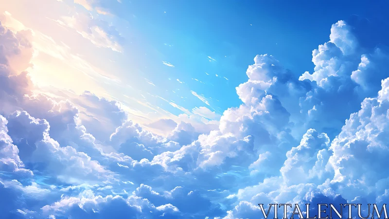 Layered cumulus cloudscape under bright blue sky.