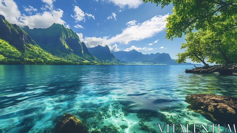 Tropical lagoon panorama with emerald mountains and shallows.