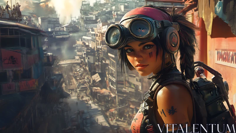 Goggle-clad street scout surveys sunlit cyber slums.