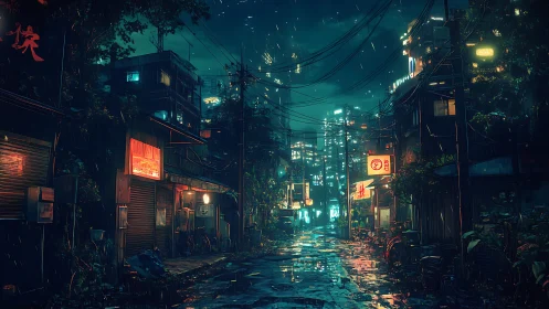 Neon rain braids silence into a forgotten cyberpunk alley