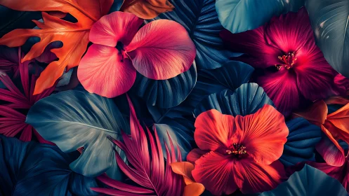 Tropical Blooms Dance in Vivid Crimson Harmony