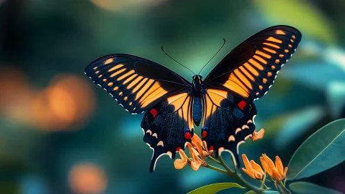 Butterfly with orange markings on foliage in sharp focus.