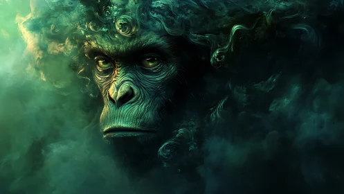 Primate-like face emerges from swirling green smoke