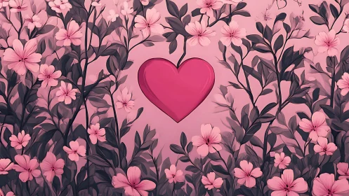 Central red heart shape positioned within pink floral composition