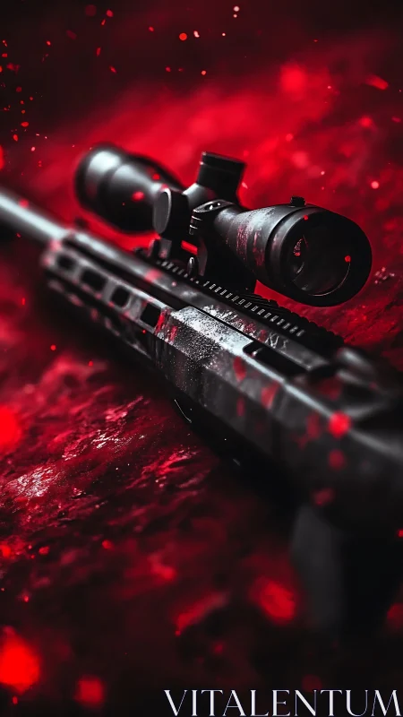 Tactical Rifle with Scope Against Crimson Particle Storm.