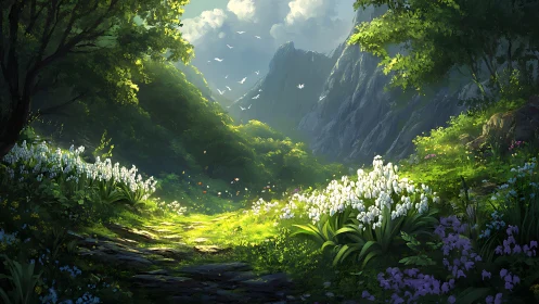 Enchanted Mountain Valley Blooming with White Flowers and Magical Light