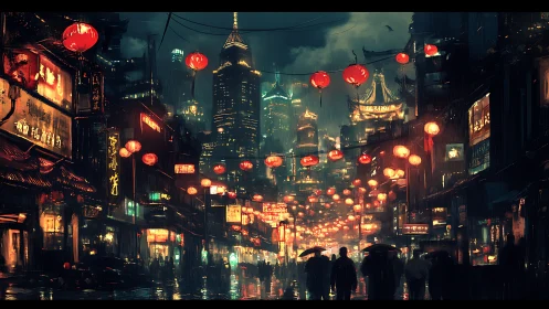 Dense night city street under lanterns in rainy conditions.