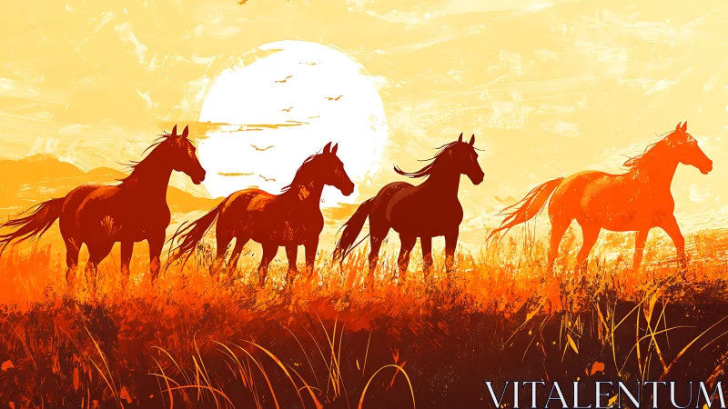 Digital painting of wild horses in blazing sunset field.