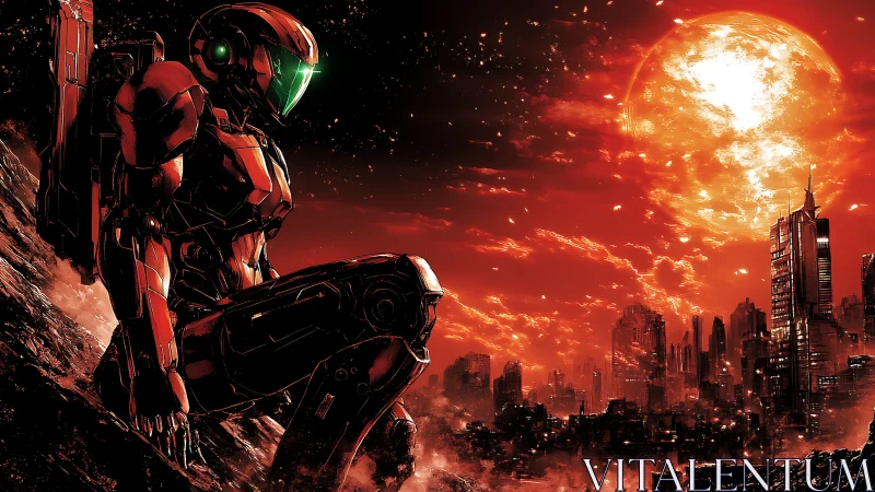 Crimson dusk sentinel gazes over a burning cyber metropolis.