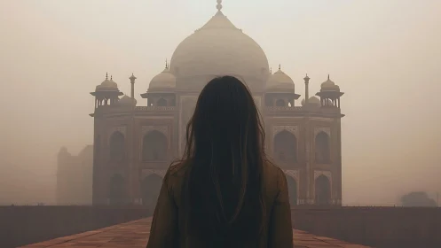 Solitary traveler studies Taj Mahal through amber haze.