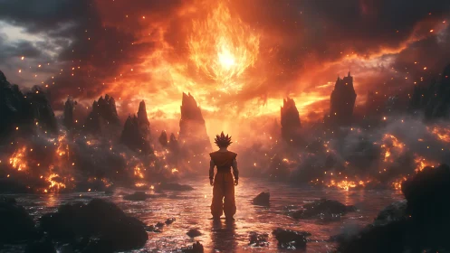 Volcanic energy nexus with lone warrior under stellar flare.