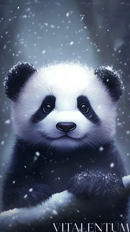 Hyperreal baby panda portrait in softly blurred snowstorm