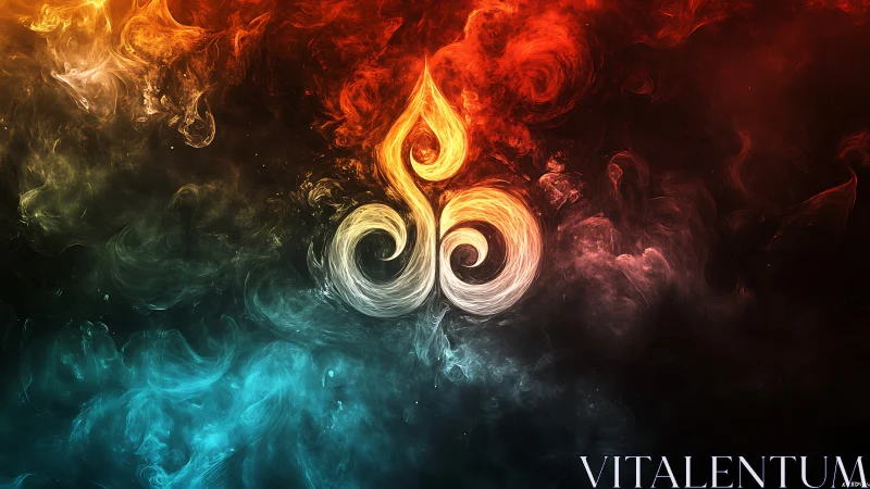Tricolor swirling emblem amid abstract smoky gradients.