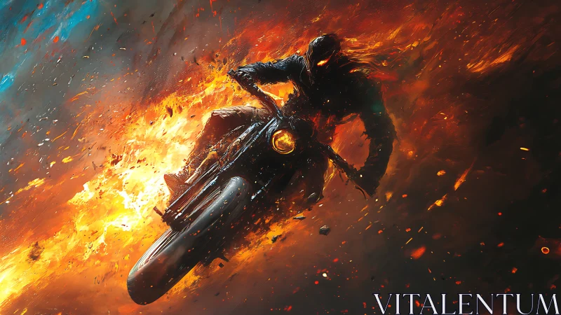 Flaming spectral biker tears through a storm of fire and ash.