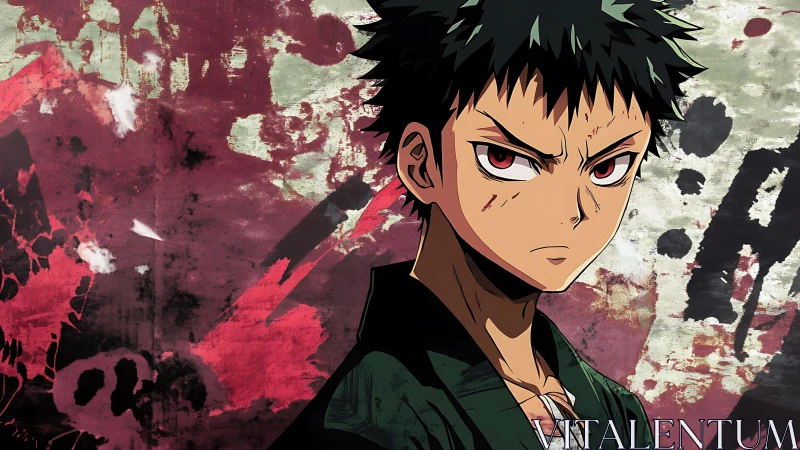 Defiant anime warrior stares past grunge blood-splatter wall