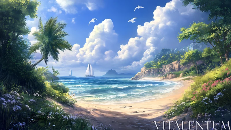 Digital illustration depicts coastal landscape with sailboats and tropical vegetation.
