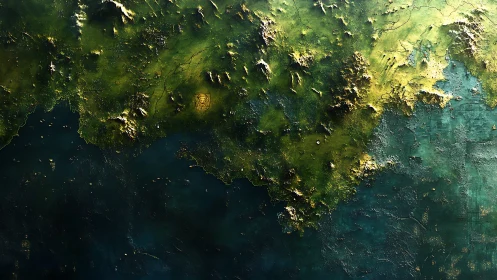 Topographic fantasy coastline rendered with detailed relief lighting