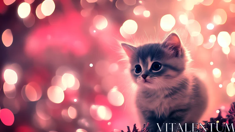 Fluffy Kitten Portrait Against Warm Bokeh Lights.