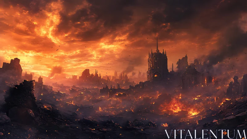 Emberwreathed ruins under an apocalyptic cathedral sky.