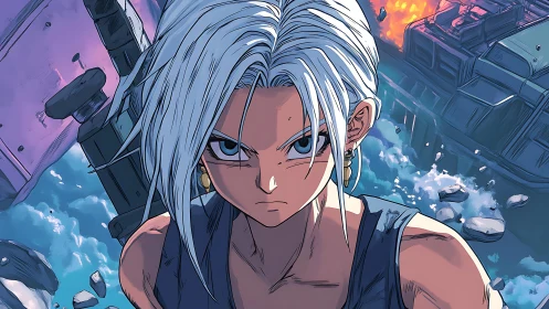 Fierce silver haired warrior standing strong amid chaos.