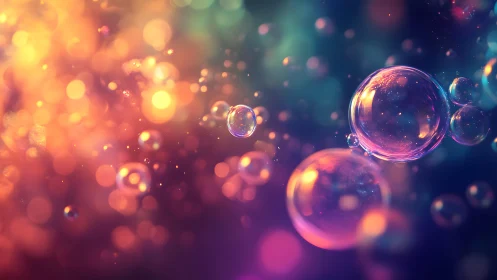 Vibrant floating bubbles with colorful bokeh lights, digital art style.