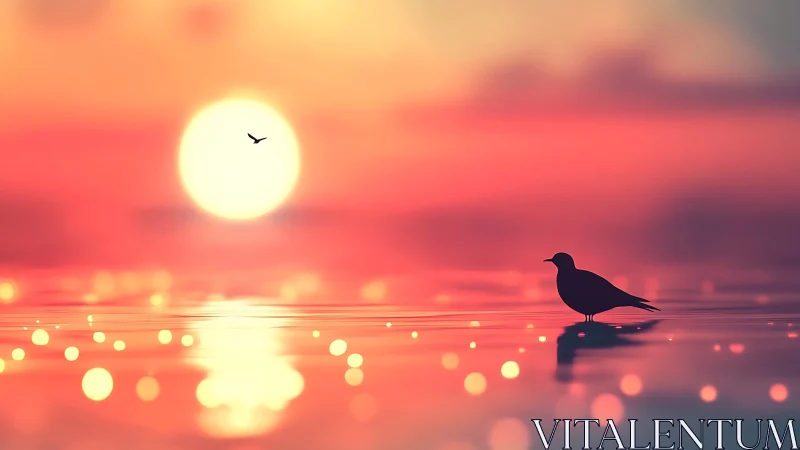 Gentle seaside bird resting under a glowing pastel sunset.