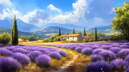 Lavender valley surrounds rustic farmhouse under vivid sky.