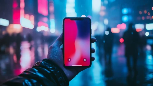 Neon rain city cradles a glowing smartphone portal at night.