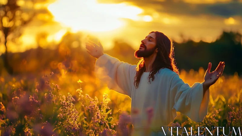 Photorealistic sacred figure in golden hour wildflower field panorama.