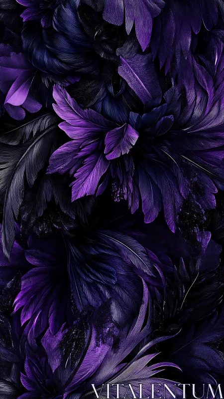 Violet black feather tapestry with swirling layered plumes.