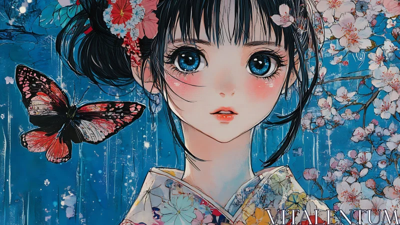 Springtime gaze with bright blue eyes and drifting butterfly.