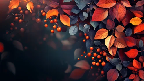 Autumn foliage and berries on dark gradient background.