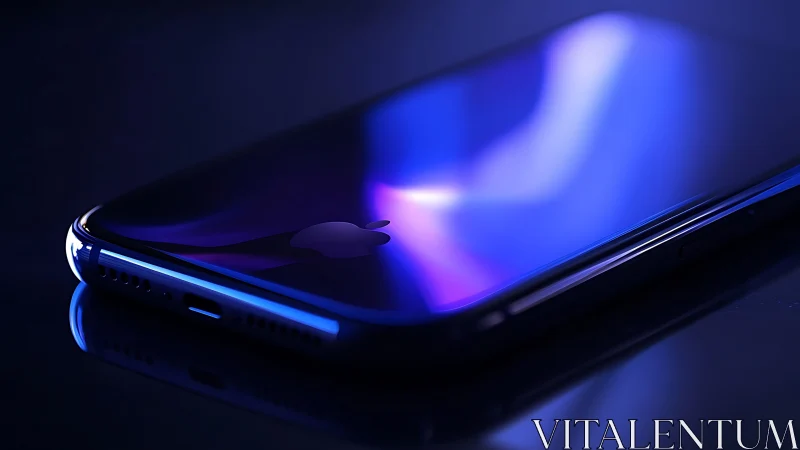 Sleek smartphone glows with blue neon reflections on glass.