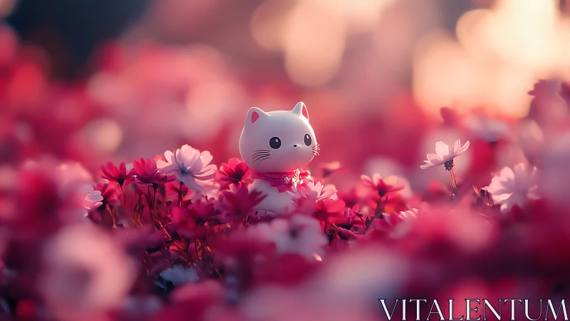 Ceramic Kitten Dreams in a Sea of Pink Blossoms.