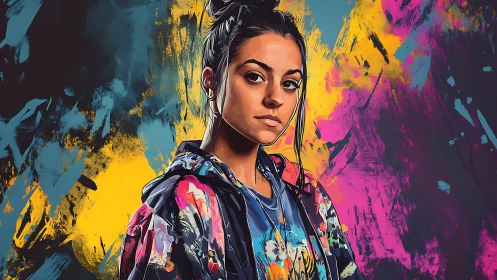 Urban portrait integrates graffiti color fields with stylized realism