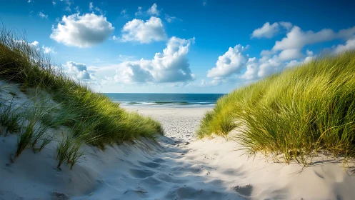 Sunlit sand dunes open onto a tranquil, cloudlit shore.