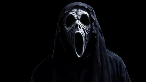 Midnight wraith in a bone-white scream mask, quietly howling.