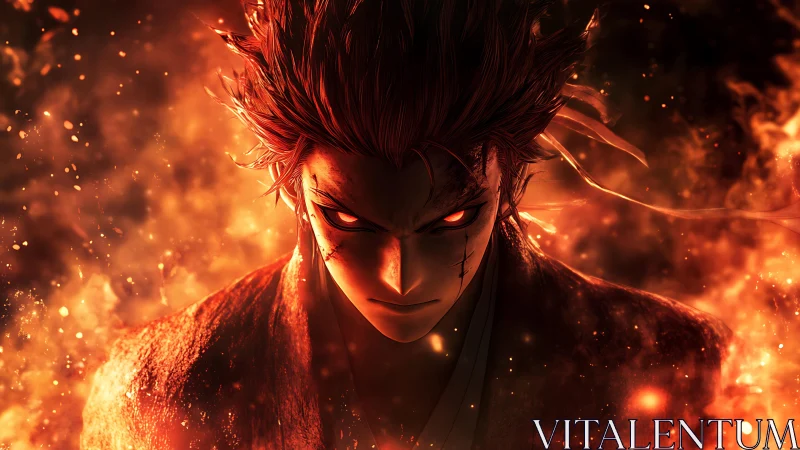 Fierce ember-eyed warrior crowned in storming firelight.