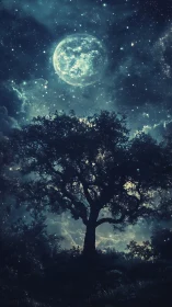 Lunar backlit arboreal silhouette under dense stellar canopy.