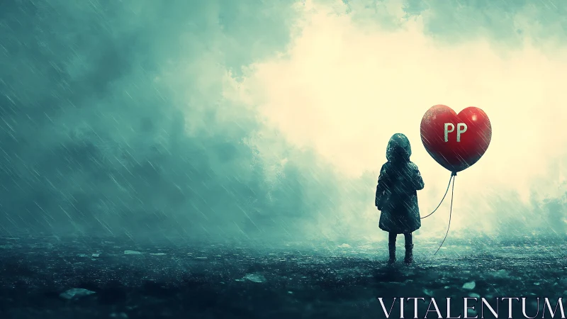 Child with heart balloon finding quiet courage in the storm.