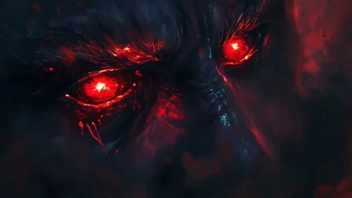 Close-up digital rendering of eyes with intense red glow.