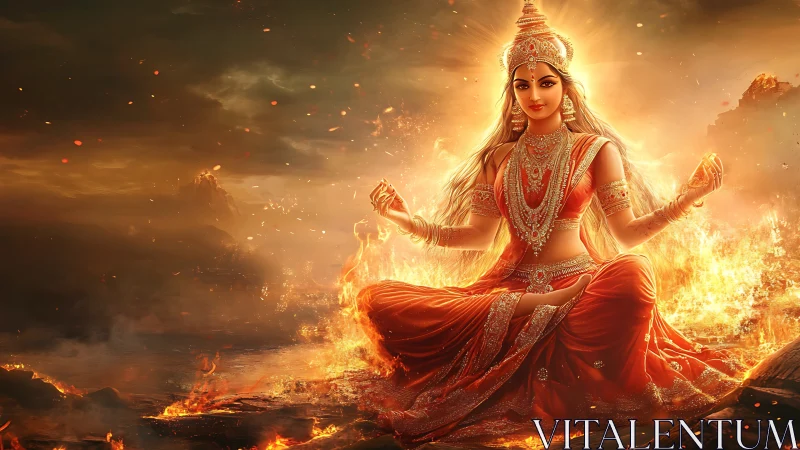 Fiery goddess meditation in blazing ethereal landscape.