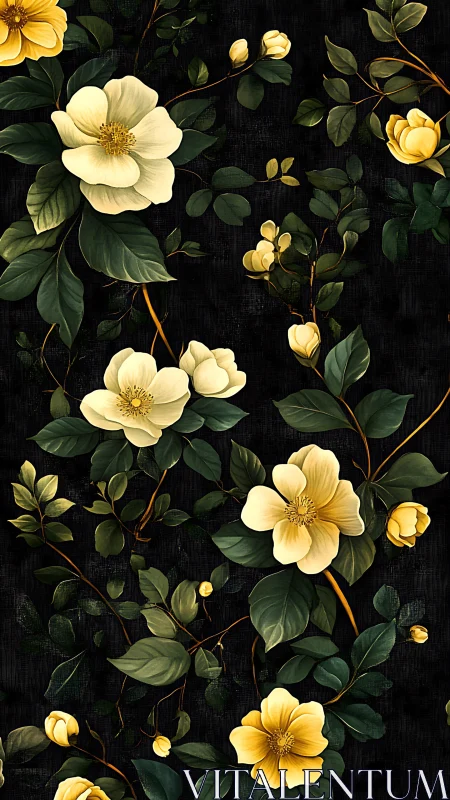 Yellow and White Flowers on Dark Background with Green Foliage.
