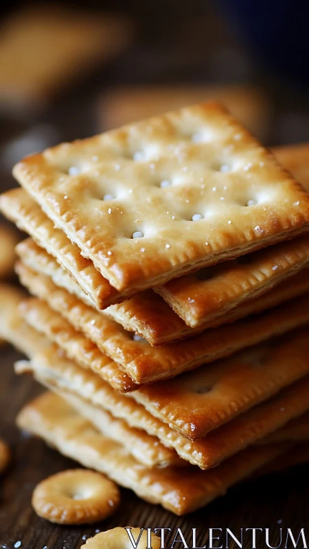 Golden saltine crackers stacked with sea salt crystals.
