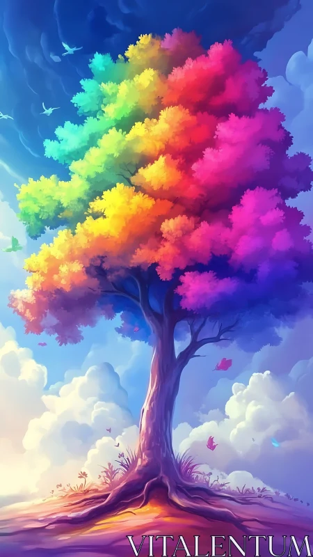 Radiant rainbow tree rises against dreamy clouded sky.