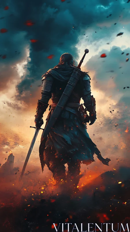 Armored warrior with sword in burning battlefield landscape.