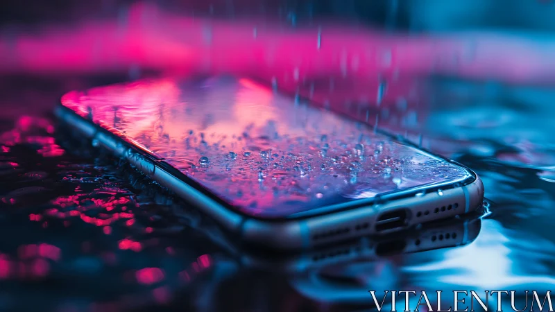 Wet smartphone on reflective surface under neon rain.