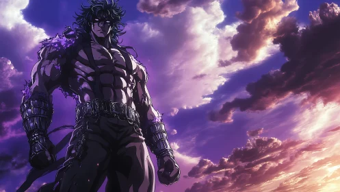 Muscular anime warrior under dramatic purple clouded sky.