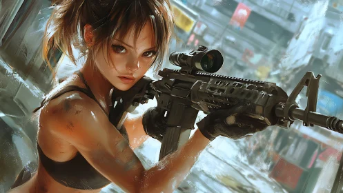 Armed female operative aims rifle in dynamic urban close-up